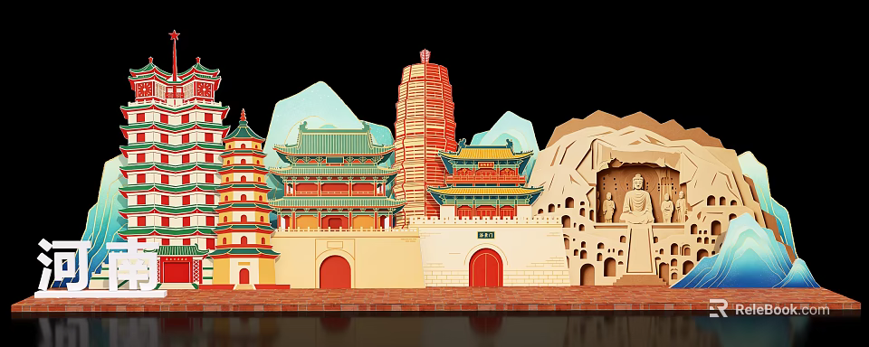 Traditional Chinese Architecture Landmark Photo Spot With Pagodas Temples And Buddha Statue 3d model 