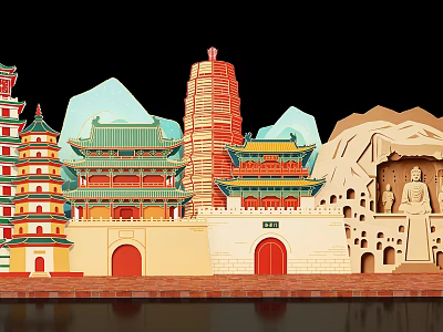 Traditional Chinese Architecture Landmark Photo Spot With Pagodas Temples And Buddha Statue 3d model