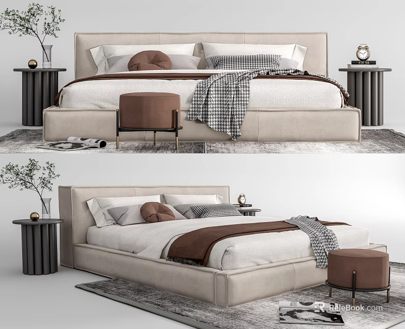 Elegant Modern Double Bed With Bedside Nightstands Stool Rug And Decorative Pillows 3d model