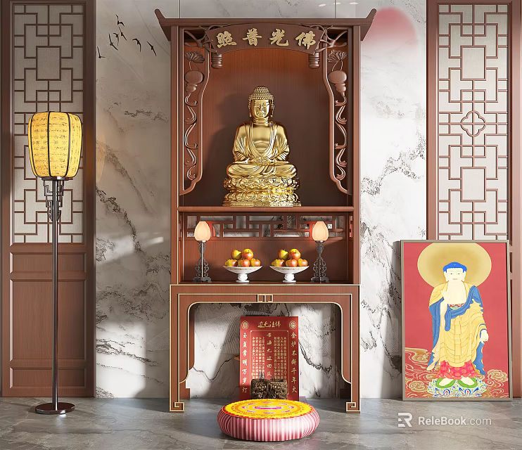 Traditional Buddhist Shrine Cabinet Featuring Golden Buddha Statue Offerings Small Lamps Red Box And Lantern 3d model 