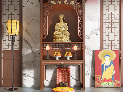 Traditional Buddhist Shrine Cabinet Featuring Golden Buddha Statue Offerings Small Lamps Red Box And Lantern 3d model