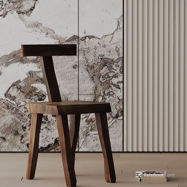 Stylish Solid Wood Leisure Chair Against Marble Patterned Wall and Vertical Striped Panel 3d model 