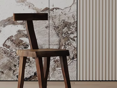 Stylish Solid Wood Leisure Chair Against Marble Patterned Wall and Vertical Striped Panel 3d model