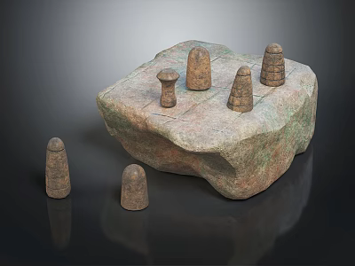 Traditional Board Game Entertainment Using Stone Slab Board and Carved Stone Chess Pieces 3d model