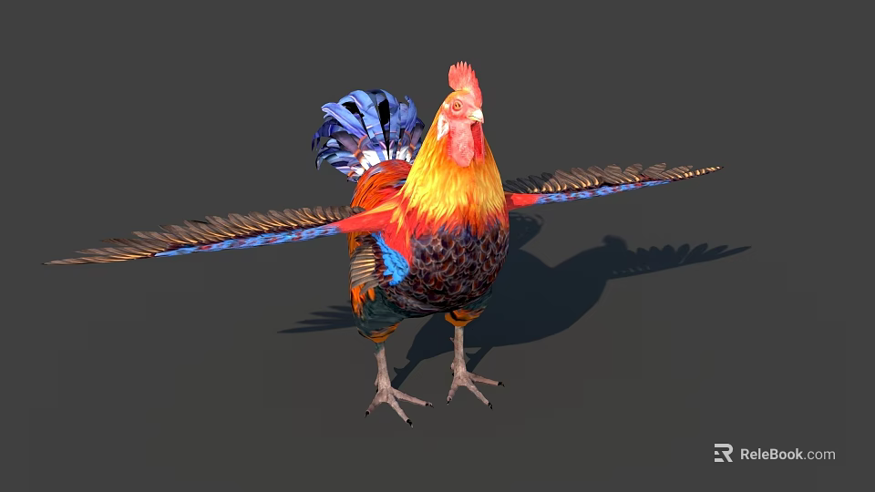 Vibrant Rooster Standing with Colorful Plumage Spread Wings and Bright Red Comb 3d model 