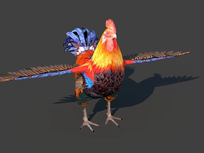 Vibrant Rooster Standing with Colorful Plumage Spread Wings and Bright Red Comb 3d model