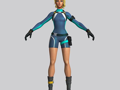 Female Game Movie Character In Blue Bodysuit With Teal Accents Black Gloves Knee Boots 3d model