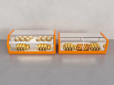 Orange Frame Glass Display Cases with Round and Ring Shaped Pastries for Bakery Retail 3d model