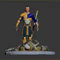 Standing Man In Blue And Gold Armor With Sword Shield Fallen Armor On Round Base