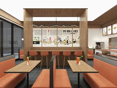 Mall Traditional Snack Shop Interior With Orange Booth Seats Wooden Tables And Decorative Paintings 3d model