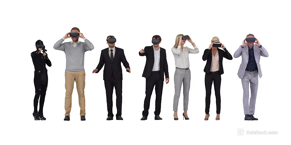 Group of diverse people wearing VR headsets and experiencing virtual reality technology 3d model 