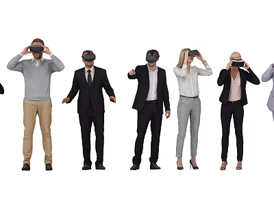 Group of diverse people wearing VR headsets and experiencing virtual reality technology 3d model