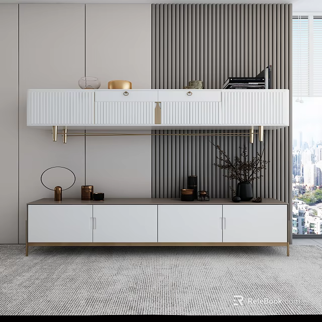 Modern White Wood TV Stand With Decorative Vases Books Striped Wall And City Window 3d model 