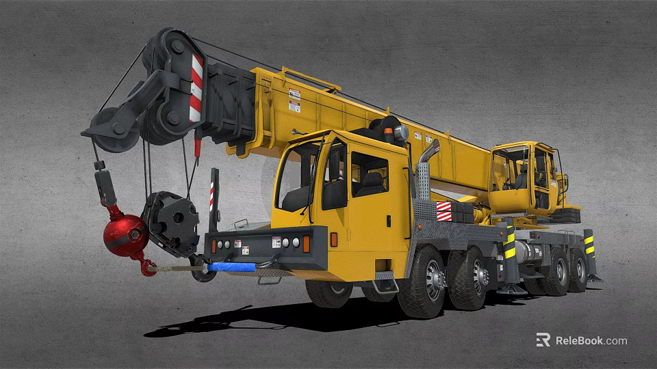 Yellow Crane Truck With Extended Arm And Heavy Duty Hook For Construction 3d model 