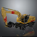 Construction Yellow Wheeled Excavator With Red Stripes Cab Bucket And Wheels
