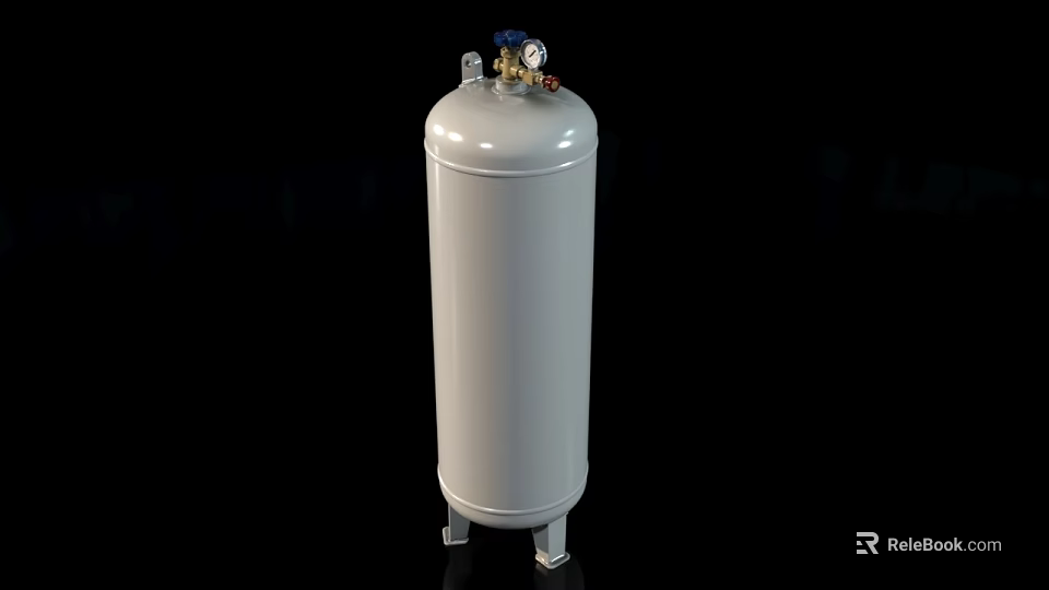 White Gas Cylinder With Pressure Gauge Valve And Metal Stand On Black Background 3d model 