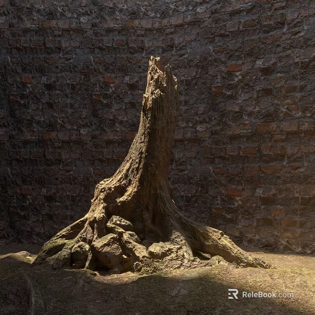 Natural Stone And Wooden Tree Stump With Roots Against Brick Wall 3d model 