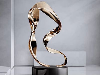 Golden Curved Sculpture Decor With Black Base Modern Minimalist Ornament 3d model