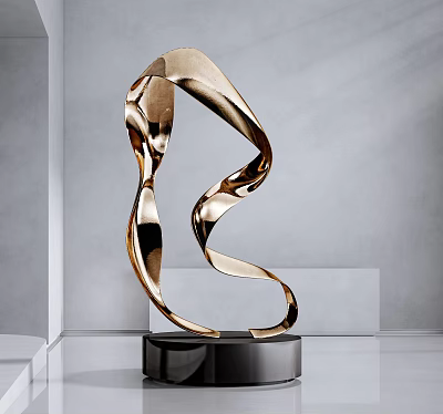 Golden Curved Sculpture Decor With Black Base Modern Minimalist Ornament 3d model
