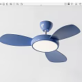 Blue Ceiling Fan with Three Blades and Circular Light Fixture for Home Decoration