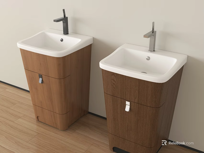 Two Modern Wooden Vanity Washbasins With White Countertop And Silver Faucet In Bathroom 3d model 