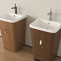 Two Modern Wooden Vanity Washbasins With White Countertop And Silver Faucet In Bathroom