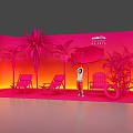 Vibrant Pink Scenic Setup With Palm Trees Deck Chairs And Person Standing
