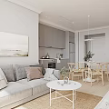 Modern Open Concept Dining Living Room With Gray Sofa Wooden Chairs And Pendant Light