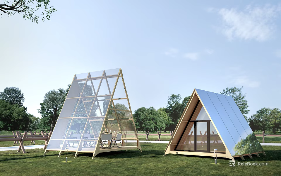 Triangular Glass Tent With Wooden Frame And Modern Design In Outdoor Grassland 3d model 