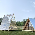 Triangular Glass Tent With Wooden Frame And Modern Design In Outdoor Grassland