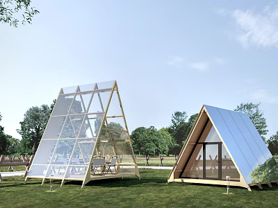 Triangular Glass Tent With Wooden Frame And Modern Design In Outdoor Grassland 3d model