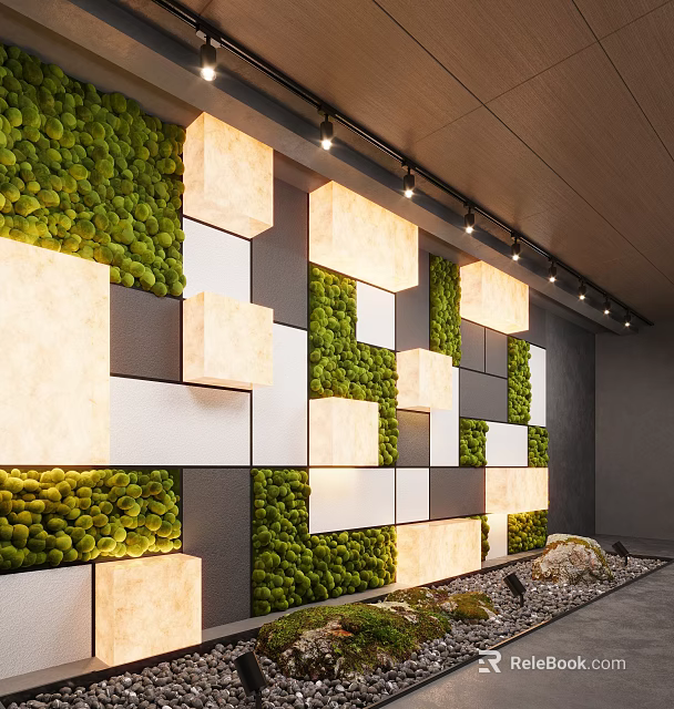 Green Moss Feature Wall With White Gray Squares Lighting And Stone Decoration 3d model 
