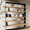 Modern Wooden and Metal Shelving Unit Displaying Vases Photo Frames Books and Decorative Items