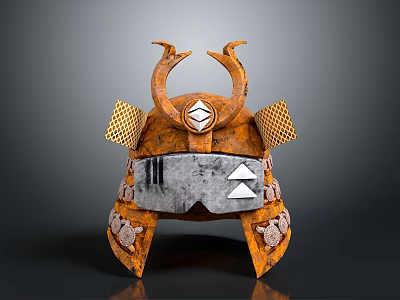 Intricate Rusted Metal Samurai Helmet Sculpture With Horns And Geometric Patterns 3d model