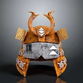 Intricate Rusted Metal Samurai Helmet Sculpture With Horns And Geometric Patterns