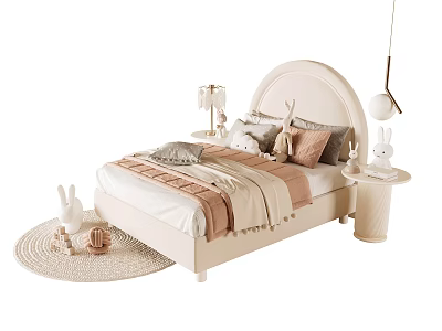 Cozy Kids Bed With Rabbit Headboard Soft Pillows Blanket And Plush Toys 3d model