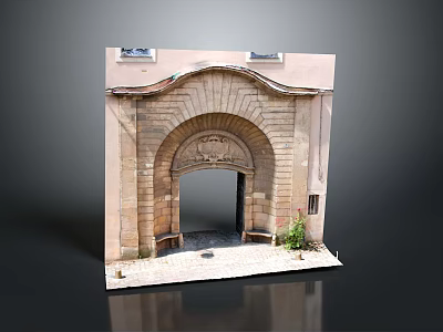 Traditional Stone Arch Gate Featuring Carved Top Stone Paved Pathway And Green Plants 3d model