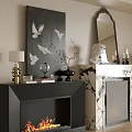 Black And Marble Fireplaces With Flames Mirror Statue And Bird Painting Decorations