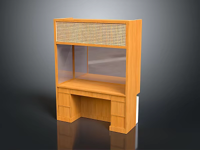 Wooden Storage Cabinet With Woven Lattice Top Glass Door And Lower Drawers 3d model
