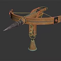 Ancient Medieval Crossbow With Wooden Frame Metal Parts And Spiked Bolt Stand