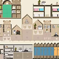 Colorful House Shaped Decorative Cabinets With Multi tiered Shelves And Small Ornaments