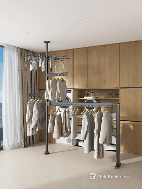 Modern Freestanding Clothes Rack With Hanging Clothes In Wardrobe And Laundry Area 3d model 