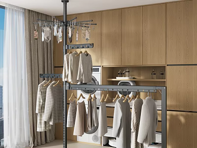 Modern Freestanding Clothes Rack With Hanging Clothes In Wardrobe And Laundry Area 3d model