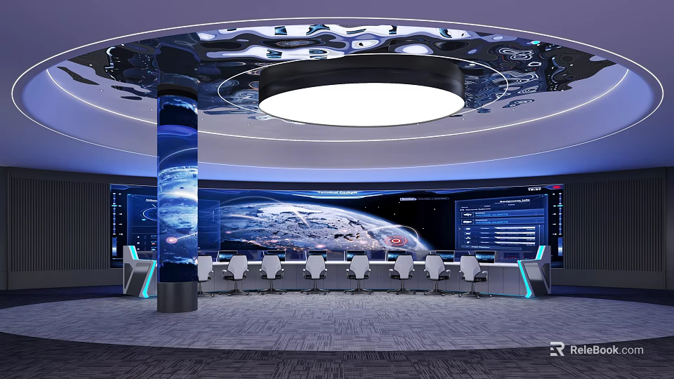Modern Control Room With Large Curved Display Earth Image Multiple Screens White Chairs And Circular Lighting 3d model 