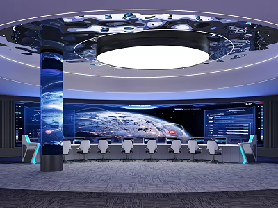 Modern Control Room With Large Curved Display Earth Image Multiple Screens White Chairs And Circular Lighting 3d model