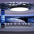Modern Control Room With Large Curved Display Earth Image Multiple Screens White Chairs And Circular Lighting