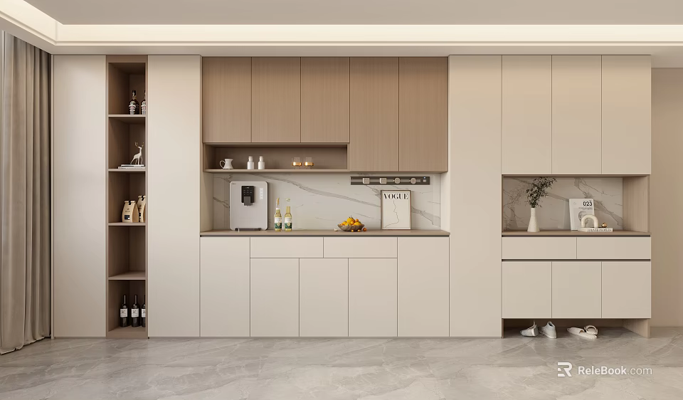 Modern Light Colored Shoe Cabinet With Compartments For Shoes Storage In Kitchen 3d model