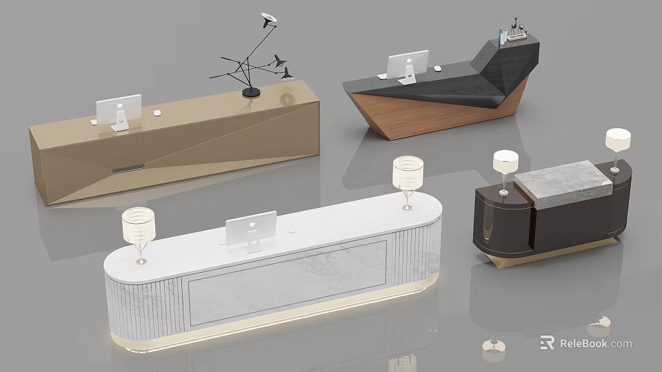 Modern Front Desk Reception With Diverse Materials Table Lamps And Computer Elements 3d model