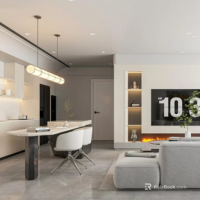 Modern Open Concept Dining Living Room Interior With Sofa Dining Table Fireplace And Pendant Lights 3d model 