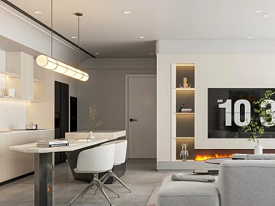 Modern Open Concept Dining Living Room Interior With Sofa Dining Table Fireplace And Pendant Lights 3d model